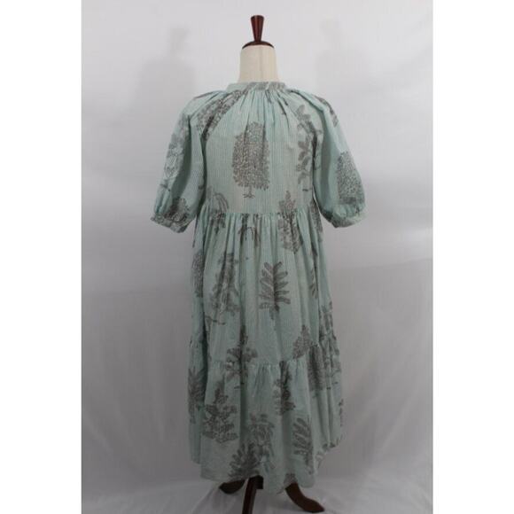 MATTA Sz S Small Aqua Stripe Short Elbow Sleeve Midi Dress Cotton Katia Trees - Picture 4 of 11